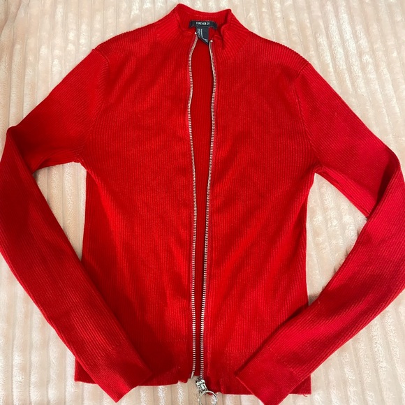 Red Ribbed knit zip up cardigan - Picture 6 of 6